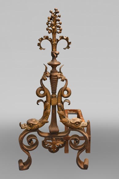 Pair of andirons with flowers and dolphins - Firedogs, andirons