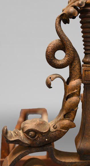 Pair of andirons with flowers and dolphins - Firedogs, andirons