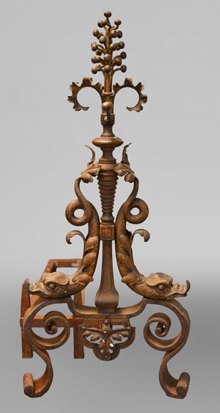 Pair of andirons with flowers and dolphins-2