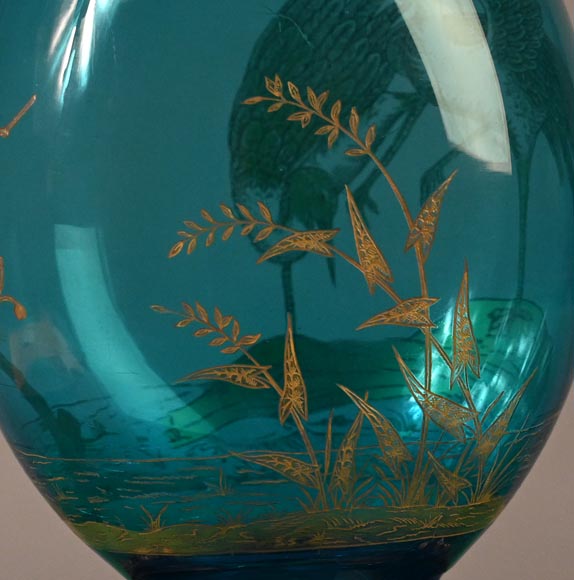 BACCARAT, blue crystal vase with waders, circa 1880-3