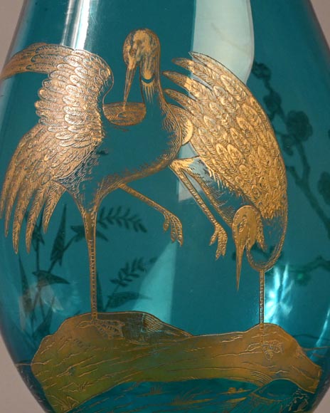 BACCARAT, blue crystal vase with waders, circa 1880-5
