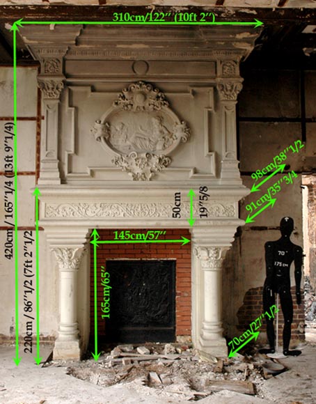 Monumental antique Neo-Renaissance style stone mantel coming from the Chateau of Montgeon