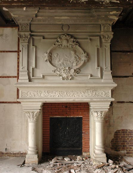 Monumental antique Neo-Renaissance style stone mantel coming from the Chateau of Montgeon-1