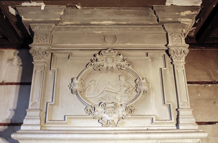 Monumental antique Neo-Renaissance style stone mantel coming from the Chateau of Montgeon-2