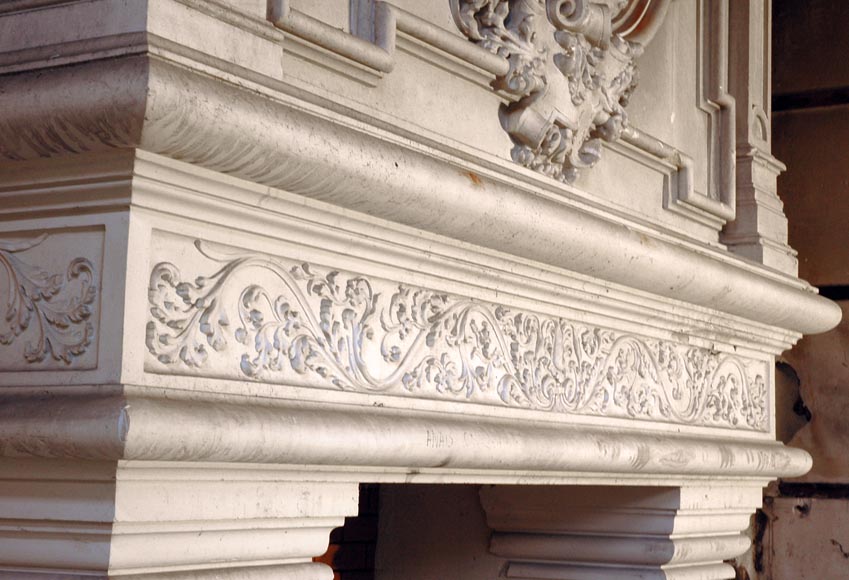 Monumental antique Neo-Renaissance style stone mantel coming from the Chateau of Montgeon-5