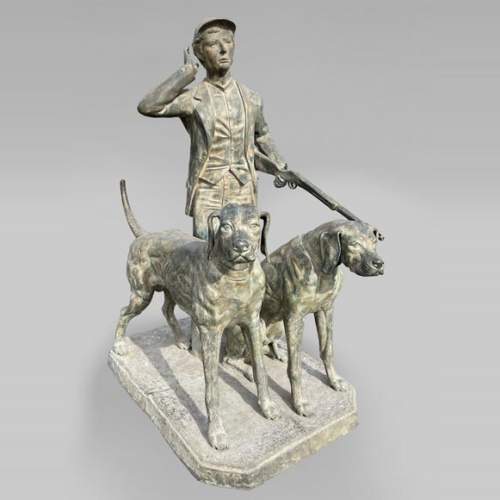 Hunter and his two dogs, bronze park statue with green patina