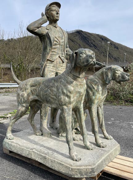 Hunter and his two dogs, bronze park statue with green patina-2