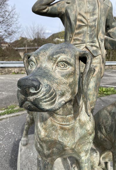 Hunter and his two dogs, bronze park statue with green patina-9