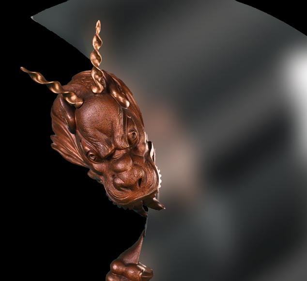 MARNYHAC House (attributed), Japanese-style crescent moon mirror decorated with a bronze dragon with a brown patina-1