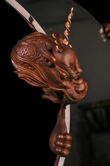 MARNYHAC House (attributed), Japanese-style crescent moon mirror decorated with a bronze dragon with a brown patina-4