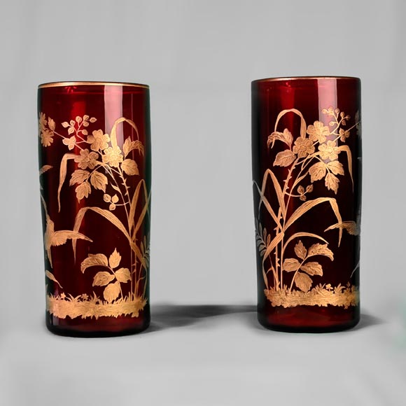 BACCARA - Pair of Japanese style vases in red crystal-0