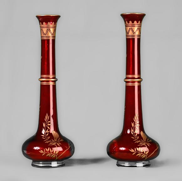 BACCARAT - Pair of Persian ruby bottle-shaped vases, circa 1880-0