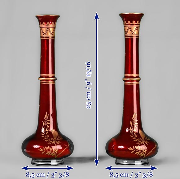 BACCARAT - Pair of Persian ruby bottle-shaped vases, circa 1880-7