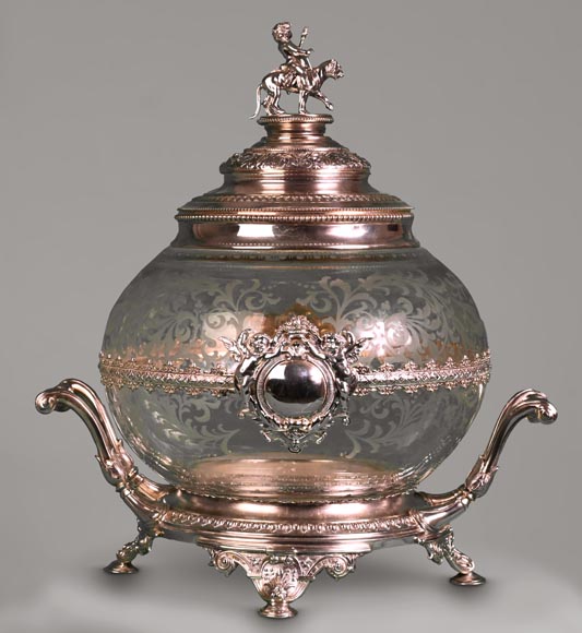 Large Napoleon III-style covered vase in engraved crystal and sterling silver-0