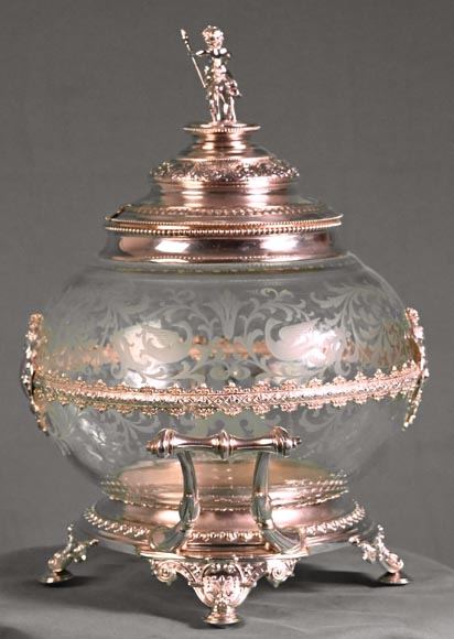 Large Napoleon III-style covered vase in engraved crystal and sterling silver-1