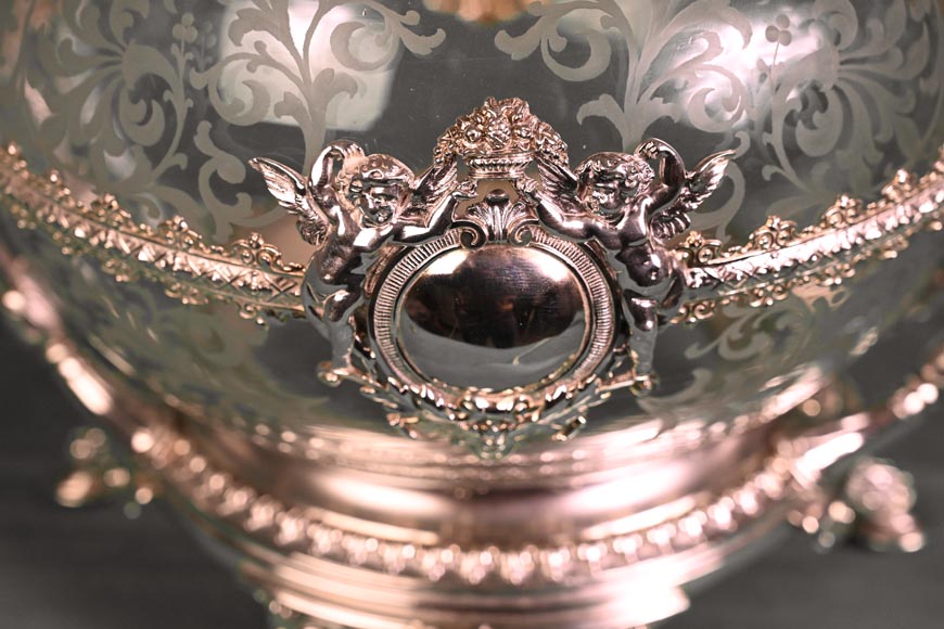 Large Napoleon III-style covered vase in engraved crystal and sterling silver-6