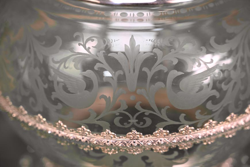 Large Napoleon III-style covered vase in engraved crystal and sterling silver-8
