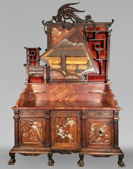 Maison des Bambous, Alfred PERRET and Ernest VIBERT (attributed to) - Japanese sideboard with fan-shaped mirror-0