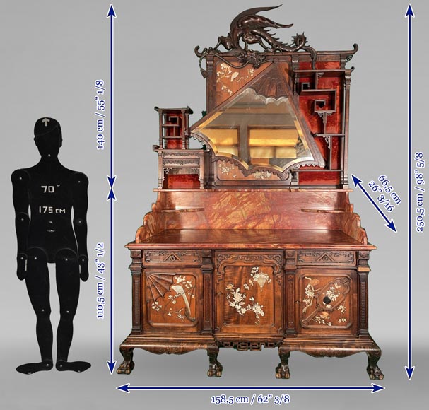 Maison des Bambous, Alfred PERRET and Ernest VIBERT (attributed to) - Japanese sideboard with fan-shaped mirror-13