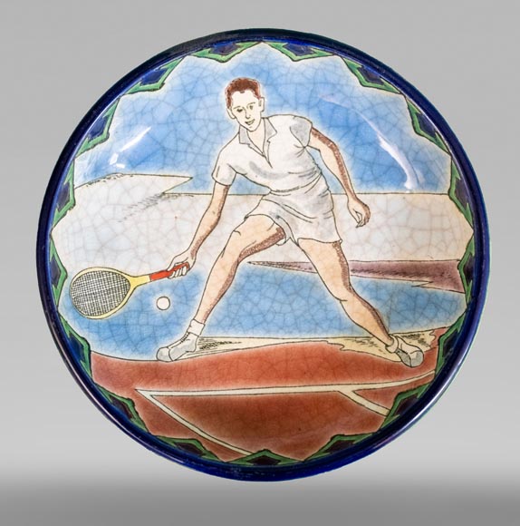 Longwy - Earthenware dish decorated with a tennis player-0