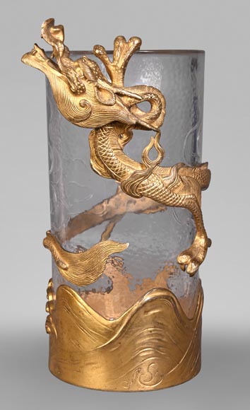 L’Escalier de Cristal (attributed to), a cylindrical Japanese-style vase in crystal and gilt bronze-0