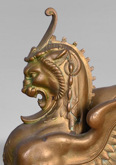 Pair of Egyptian-style gilt-bronze firedogs with confronting griffins Pair of Egyptian-style gilt-bronze firedogs with confronting griffins-7