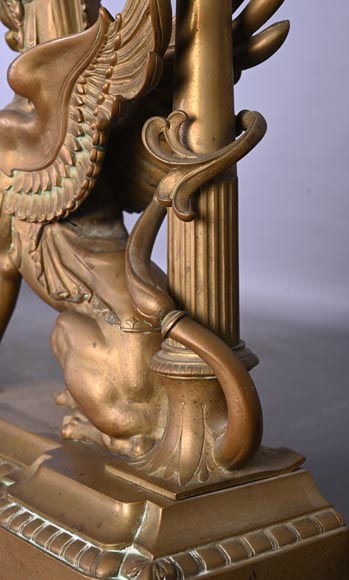 Pair of Egyptian-style gilt-bronze firedogs with confronting griffins Pair of Egyptian-style gilt-bronze firedogs with confronting griffins-9