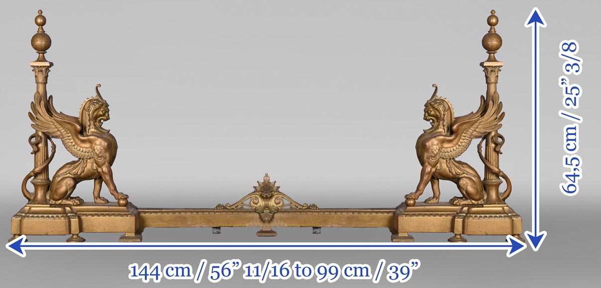 Pair of Egyptian-style gilt-bronze firedogs with confronting griffins Pair of Egyptian-style gilt-bronze firedogs with confronting griffins-11