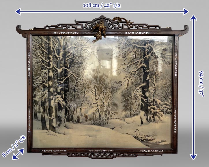 japonesque frame in carved wood and mother-of-pearl marquetry, decorated with a bronze dragon, with its silk painting depicting a winter landscape-8
