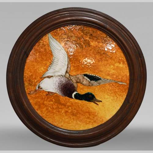 Théodore DECK, Large Dish With A Mallard Flying In A Golden Sky, late 19th century