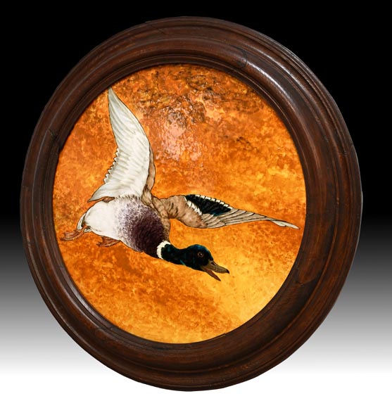 Théodore DECK, Large Dish With A Mallard Flying In A Golden Sky