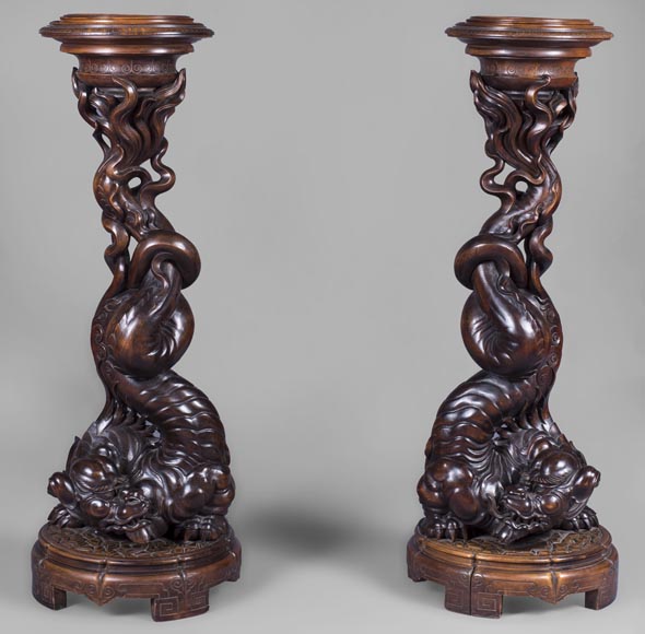 Maison des Bambous by Perret and Vibert (att. to) - Japonese style pair of sellettes with dragons decor-0