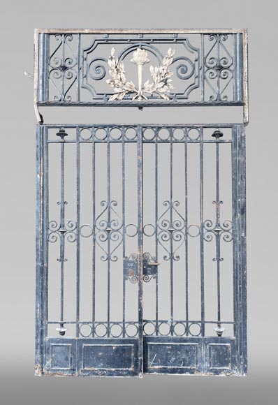 Cast iron double-leaf gate – Louis XVI style decoration with gilded torch-0