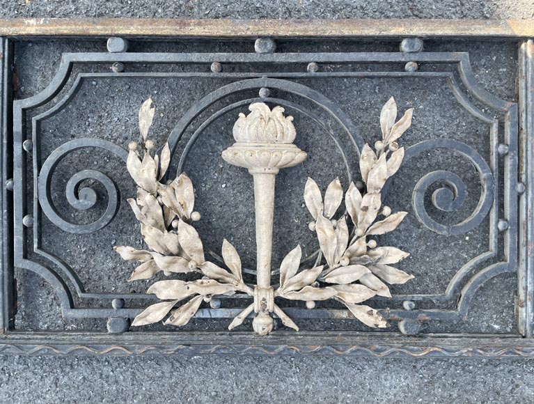 Cast iron double-leaf gate – Louis XVI style decoration with gilded torch-1