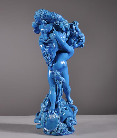 Joseph Chéret (1838 - 1894) for the Manufactory of Sèvres "Putto with greek masks" Coin tray made in faience with a blue glaze-0