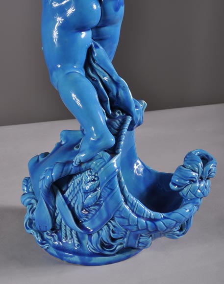 Joseph Chéret (1838 - 1894) for the Manufactory of Sèvres "Putto with greek masks" Coin tray made in faience with a blue glaze-7