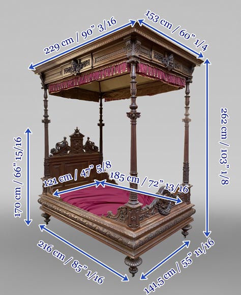Jean-Paul MAZAROS (1823-1900), Neo-Renaissance four-poster bed in carved walnut-15