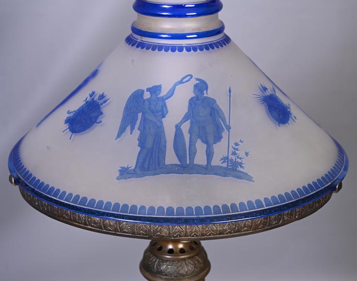 Napoleon III period lamp with engraved glass shade in Greek