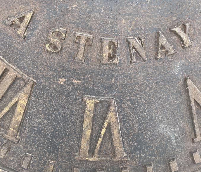 Large cast iron public clock face, with raised Roman numerals, signed Large cast iron public clock face, with raised Roman numerals, signed