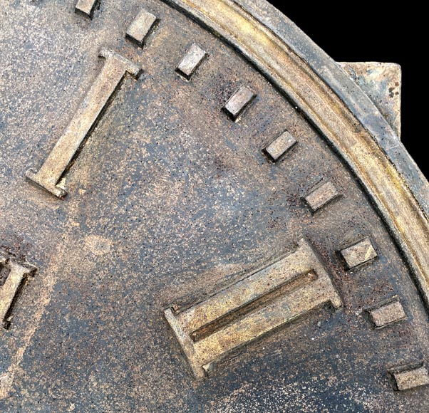 Large cast iron public clock face, with raised Roman numerals, signed Large cast iron public clock face, with raised Roman numerals, signed