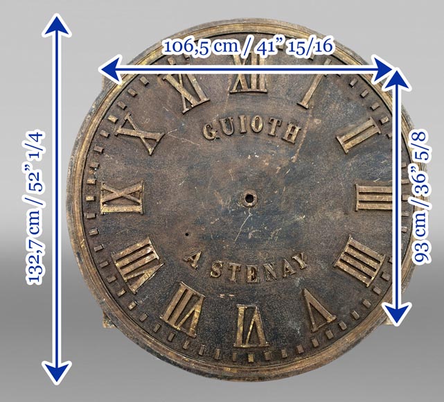Large cast iron public clock face, with raised Roman numerals, signed Large cast iron public clock face, with raised Roman numerals, signed