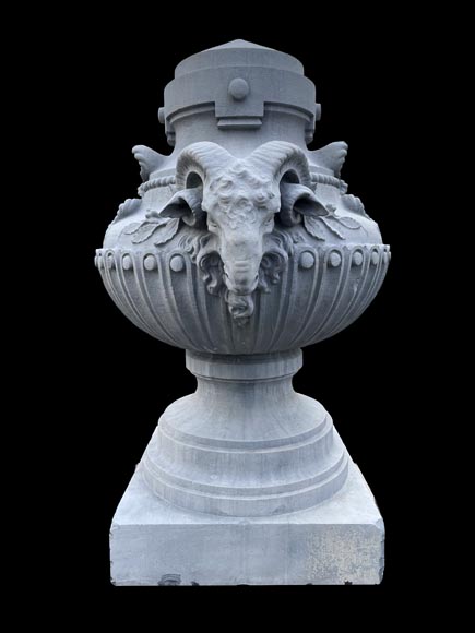Large carved stone vase, Louis XVI style, adorned with ram heads-1