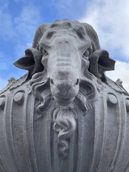 Large carved stone vase, Louis XVI style, adorned with ram heads-2