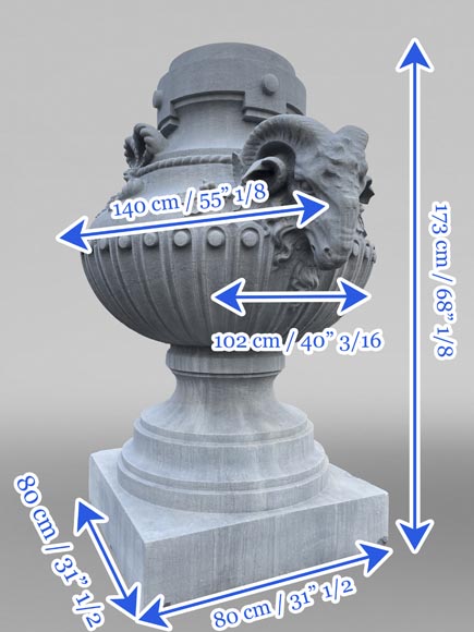 Large carved stone vase, Louis XVI style, adorned with ram heads-6