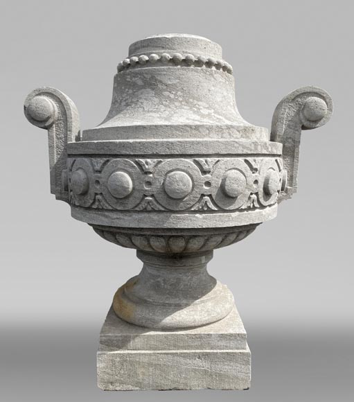 Large carved Soignies stone garden vase, Louis XVI style-0