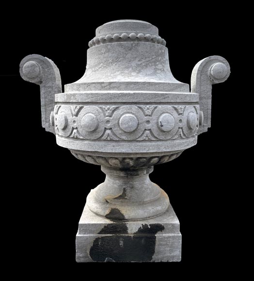 Large carved Soignies stone garden vase, Louis XVI style-1