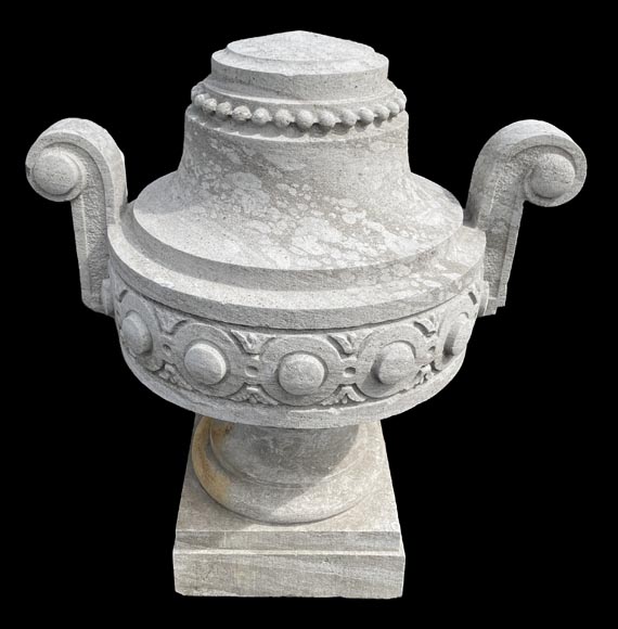 Large carved Soignies stone garden vase, Louis XVI style-7