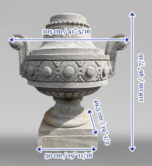 Large carved Soignies stone garden vase, Louis XVI style-9