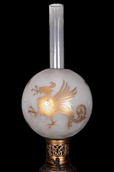 Pair of Oil Lamps in Satsuma Faience with Baccarat Opaline Globes – Second Half of the 19th Century-1