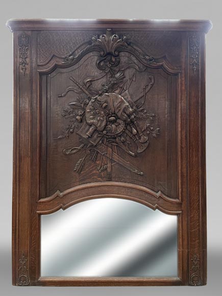 Carved and painted wooden overmantel mirror with a pastoral music trophy, in the Louis XV style, 19th century-0